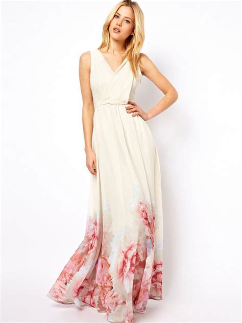 White Maxi Dress Boho Chiffon V Neck Sleeveless Floral Printed Pleated