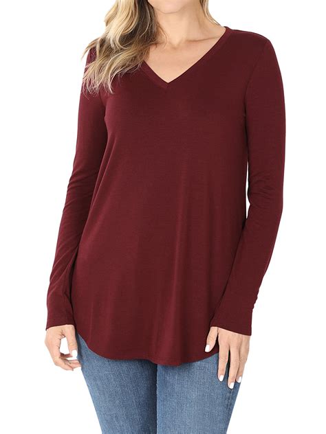 Women Plus S 3X Relaxed Fit Long Sleeve V Neck Round Hem Jersey Tee