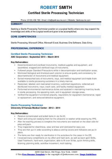sterile processing technician resume samples qwikresume