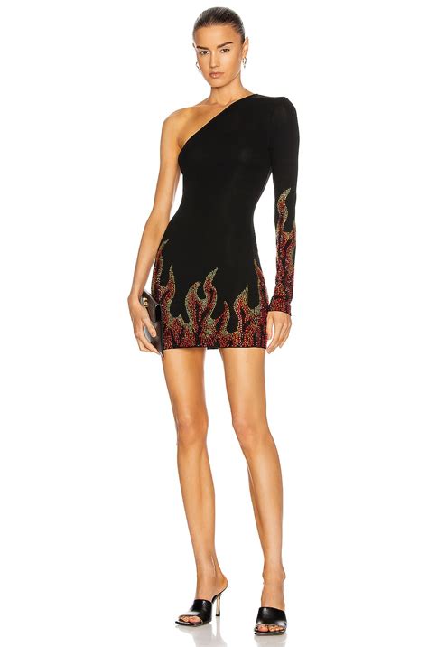 Alexandre Vauthier Crystal Flame One Shoulder Mini Dress In Black Fwrd