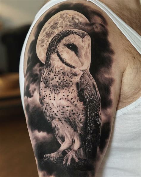 Barn Owl And Moon Tattoo Dark Grey Studio Essen Artist Ivan Dan