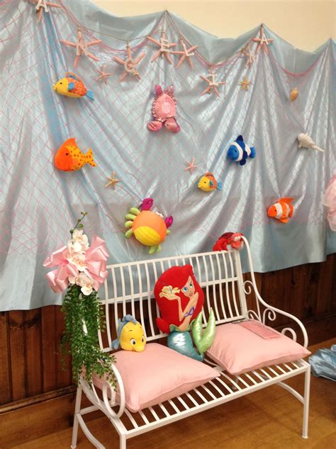 Baby showers are typically held four to six weeks before the baby's due date—late enough that the pregnancy is well along, but likely early enough to avoid an untimely arrival. Baby shower with underwater theme. Wall and seating area ...