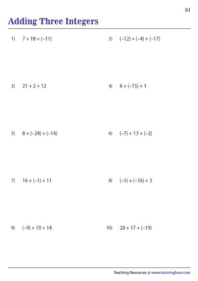 Adding Integers 3 Numbers Worksheet