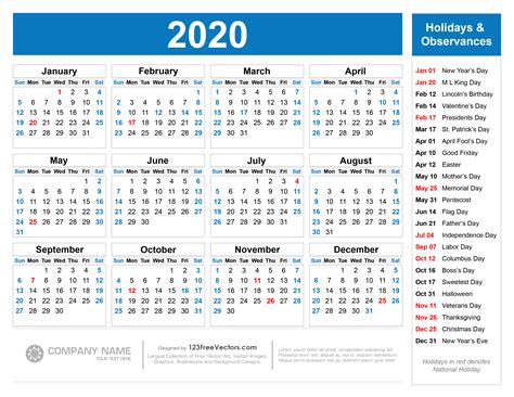 Free Free Printable 2020 Calendar With Holidays