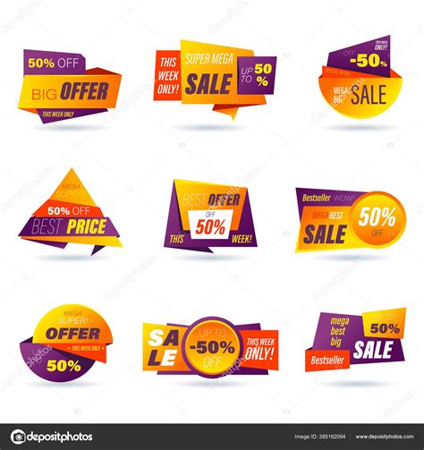 Set Retail Sale Badge Stickers Online Shopping Origami Style Social