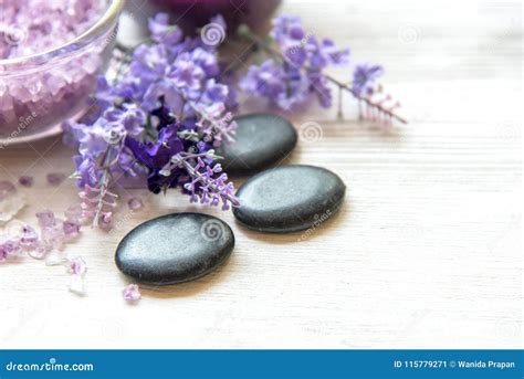 Purple Lavender Aromatherapy Spa With Salt And Treatment For Body Thai Spa Relax Massage Stock