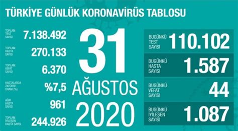 31 Ağustos koronavirüs tablosu açıklandı Bugünkü vaka sayısı Son