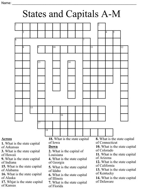 States And Capitals A M Crossword Wordmint