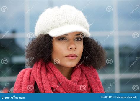 Young African American Woman With Winter Hat And Scarf Stock Photo