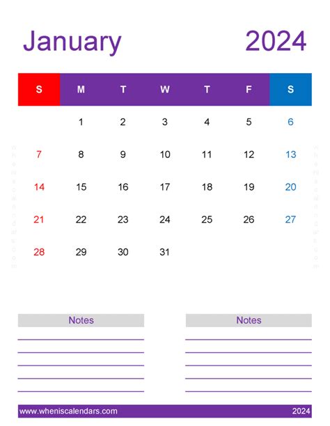 January 2024 Calendar Printable Vertical Monthly Calendar