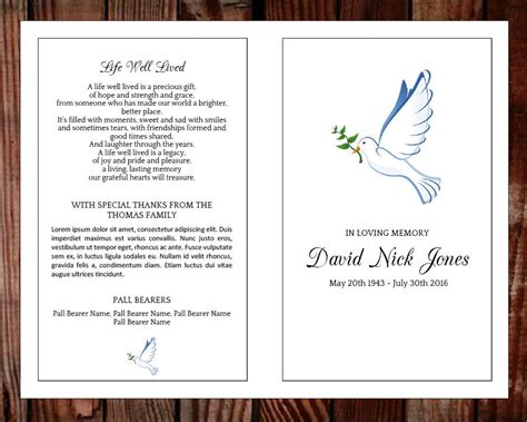 Dove Funeral Program Template Dove Celebration Of Life Etsy