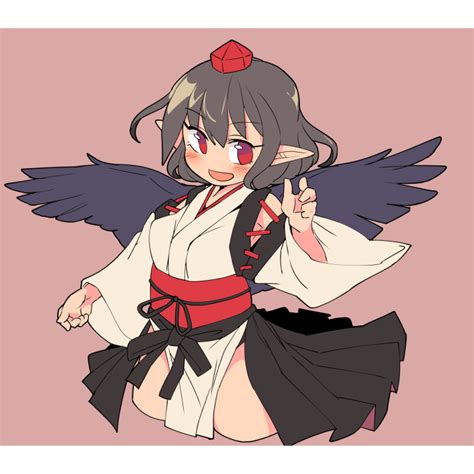 safebooru 1girl black hair black wings blush detached sleeves feathered wings hakama skirt hat