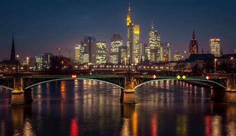 826709 Frankfurt Germany Rivers Bridges Houses Street Lights