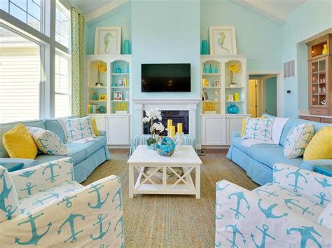 Bright And Cheerful Coastal Living Room That Combines Turquoise And
