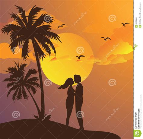 Couple Kissing Silhouette Sunset On Beach Romantic Moment Yellow Sky