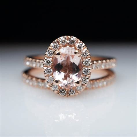 Oval Morganite Engagement Ring Rose Gold Engagement Ring Bridal Set 14k
