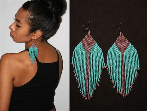 Purple Turquoise Native American Beaded Earrings Large Dangle Seed Bead Earrings Huichol