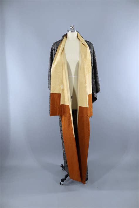 Vintage 1950s Silk Kimono Robe Black Bamboo Ikat Thisbluebird