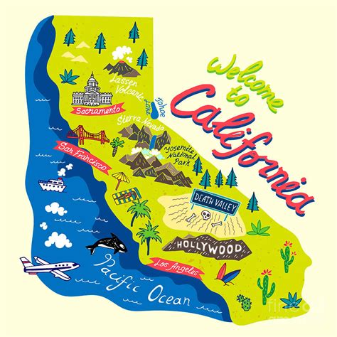 Cartoon Map Of Californiatravels Digital Art By Daria I Pixels
