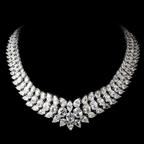 Brides Wedding Silver Cubic Zirconium Crystal Necklace Bridal Jewelry Ebay In Diamond