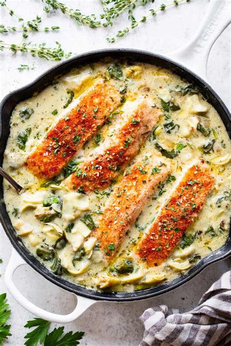 One Skillet Salmon With Creamy Spinach Artichoke Sauce Whole30 Keto