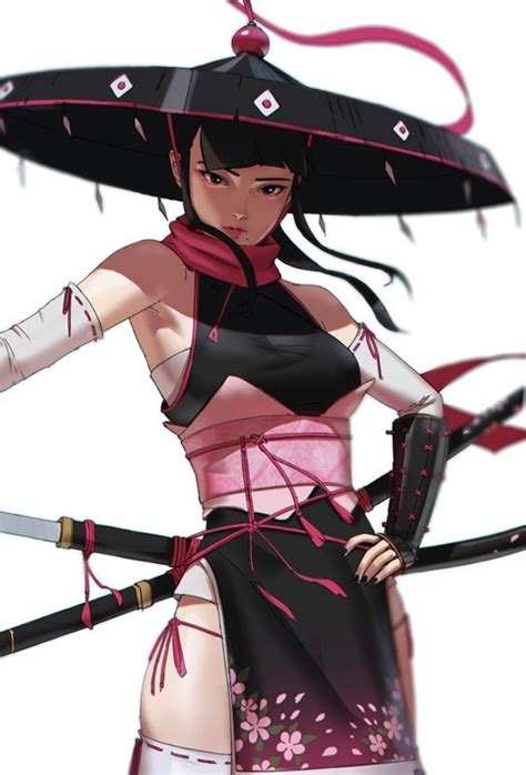 Anime Samurai Girl With Two Katana With A Big Straw Hat