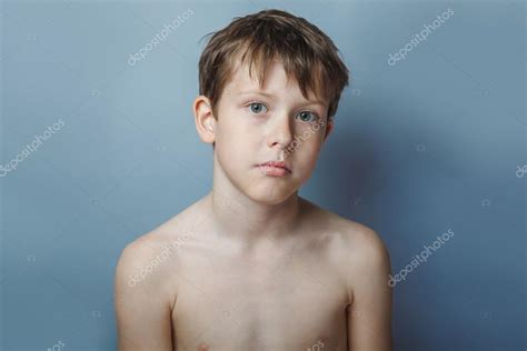 A Boy Of 10 Years Of European Appearance Naked Torso Portrait On Stock