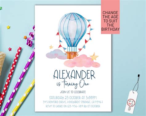 Hot Air Balloon Birthday Boys Invitation Printable Template One