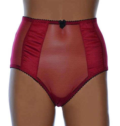 high waist panties in satin and micro mesh in deep red