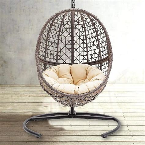 Theraliving Wicker Hanging Egg Chair Swing With Tan Tufted Cushion And