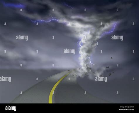 Vector Realistic Tornado With Lightnings Gray Hurricane On Highway