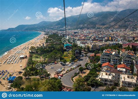 Aerial View From Cableway Of Beautiful Blue Gulf Of Antalya And Popular