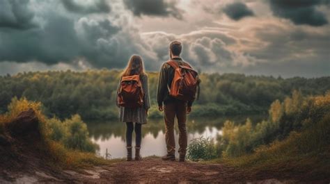 Premium Ai Image Two People Standing On A Hill Looking At A Lake