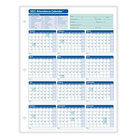 Printable Employee Attendance Calendar 2021 Calendar Template Printable