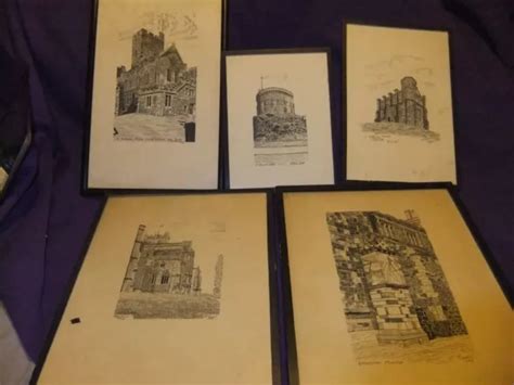 Architectural Pen And Ink Drawings 5 X4 Churches 1947 53 Signed E