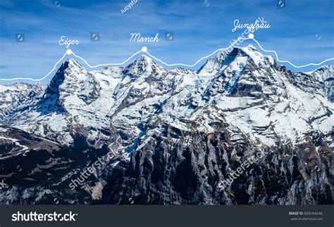 View Jungfrau Monch Eiger Schilthorn Winter Stockfoto 650164246