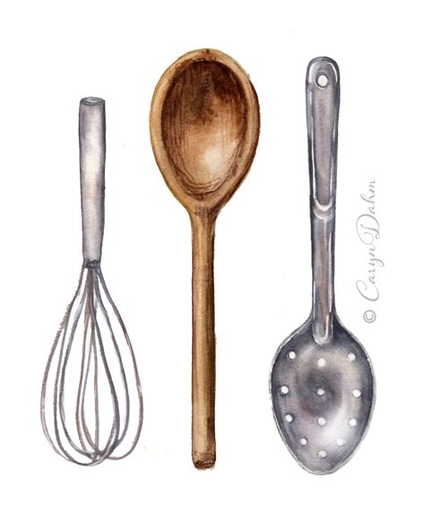 Kitchen Utensils Watercolor Art Wooden Spoon Whisk And Etsy