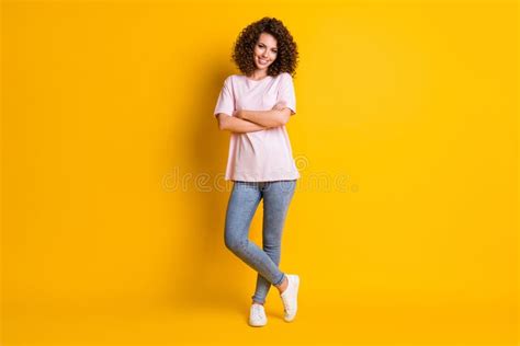 Full Body Portrait Of Young Confident Happy Smile Woman Crossed Hands