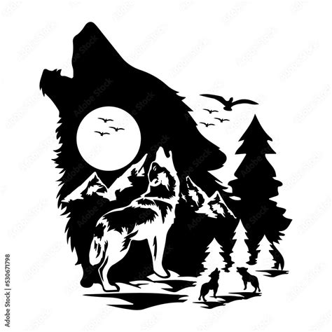 Stockillustratie Wolf Svg Howling Wolf Svg Mountain Svg Wolf Clipart