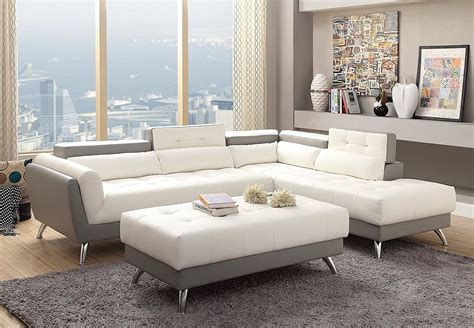 Modern White And Light Grey Bonded Leather Sectional Sofa Set With Extra Large Ottoman And