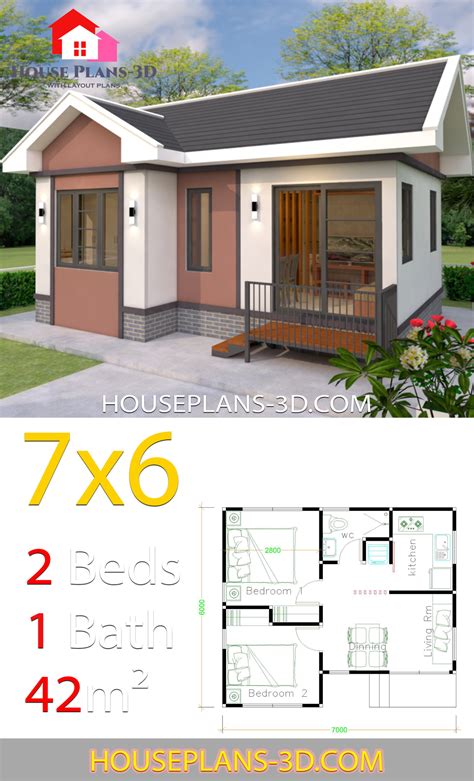 House Design 7x6 With 2 Bedrooms Gable Roof Samphoas Plan