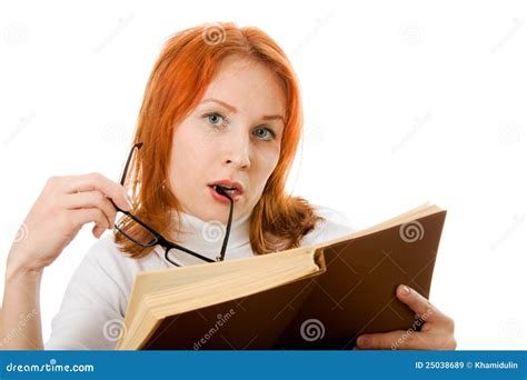 attractive red haired girl in glasses with book stock image image of beautiful hand 25038689