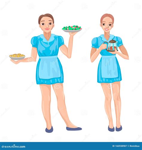 Two Waitresses Serving Staff In A Cafe Vector Characters Design Stock