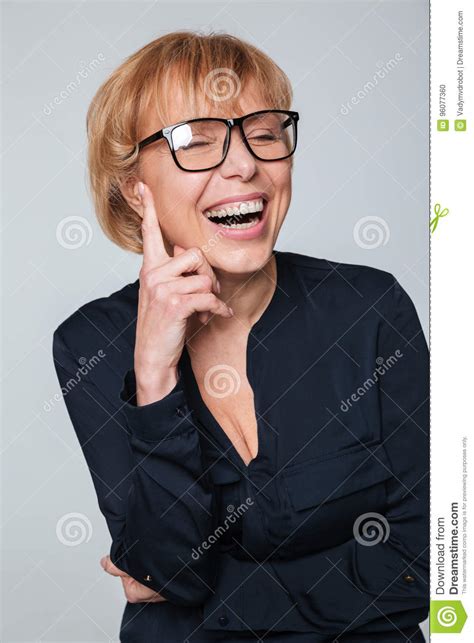 Laughing Mature Woman Wearing Glasses Posing Isolated
