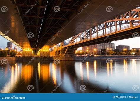 City Bridge Over The River At Night Stock Image Image Of Mystical