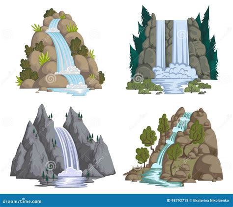 Waterfalls Set Cartoon Landscapes With Mountains And Trees Stock