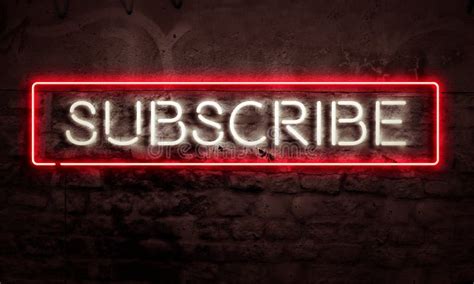 Subscribe Graphic Neon Sign On Brick Wall For Social Media Videos Stock