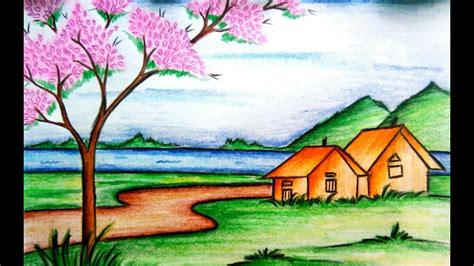 How To Draw Landscape Scenery Of Beautiful Spring Season Youtube