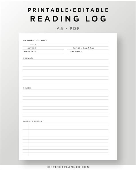 A5 Reading Journal Printable Editable Book Review Template Pdf Book