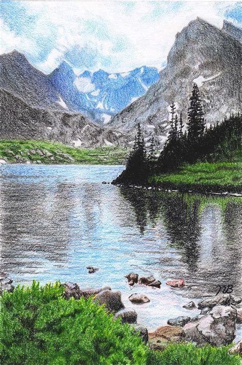 Mountain Lake Drawing Mountain Lake Fine Art Print Drawing Scenery